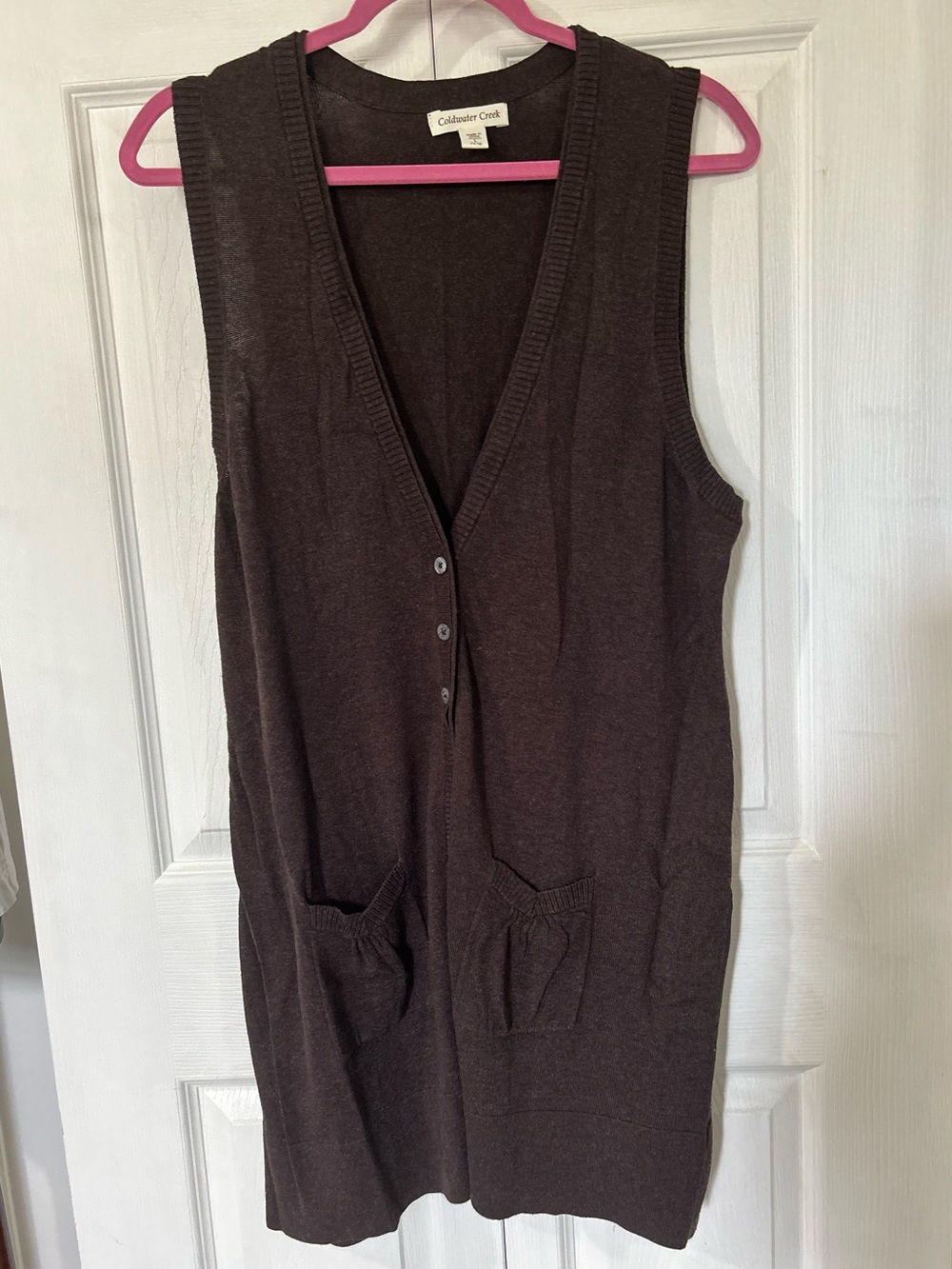 Coldwater Creek Dark Brown Knit Long Sleeveless Cardigan Vest